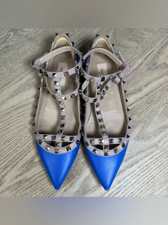 Valentino Garavani Rockstud Blue Leather Studded Ballet Flats Size 38.5 - Picture 7 of 11